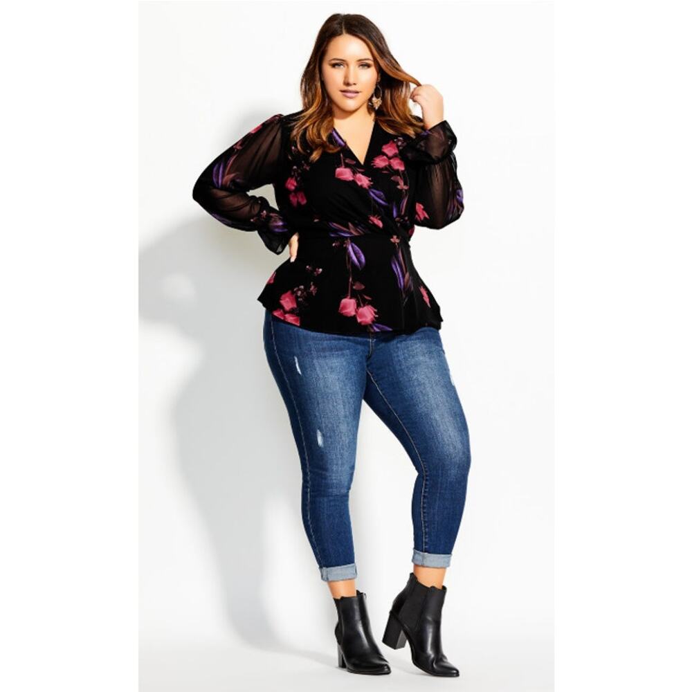 City Chic Perfect Rose Faux Wrap Top NWT Womens Plus Size 14 Black Floral V-Neck